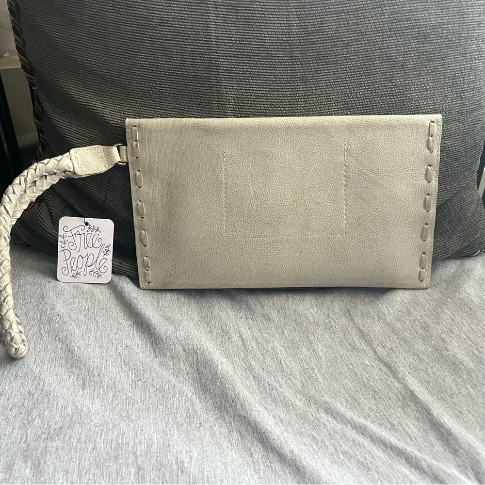 Free People Cream Leather Clutch with Braided Wrist Strap
